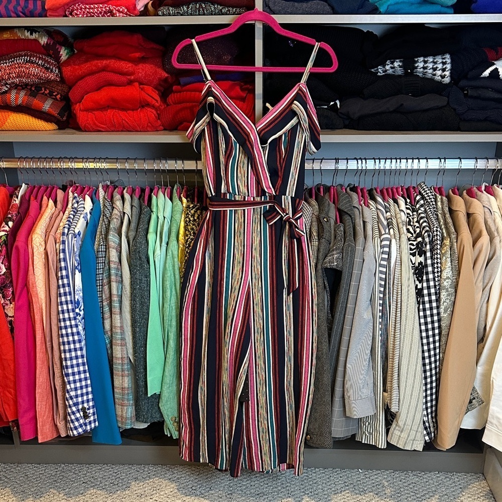 By & By multicolored striped adjustable strap belted cropped jumpsuit size 3